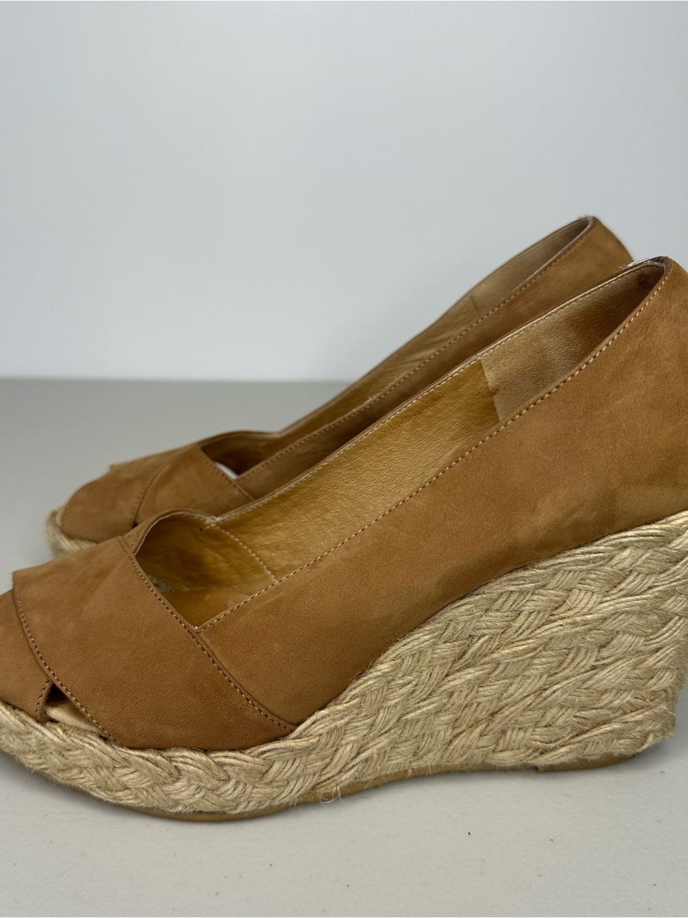 Michael Kors Leather Espadrille Wedge Peep Toe Pumps Tan Brown Women's 7